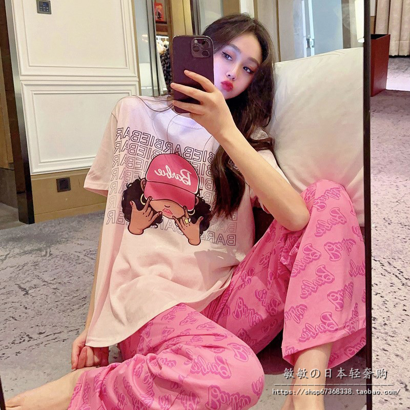 Japanese Gp Barbie Pink Pajamas for Women, Summer Style, Pure Cotton Short-Sleeved Long Pants, Sweet and Cute Loungewear Set That Can Be Worn Outside