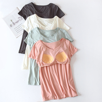 With Chest Cushion Short Sleeve Woman Summer Thin bra-free bra cups One body BRA-t half sleeve T-shirt Home yoga undershirt