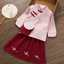 Girls beautiful Hanfu Republic of China skirt lady ancient style all-match skirt 2021 spring new childrens cotton and linen skirt little fairy
