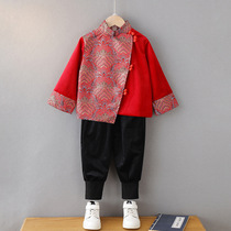 Slant doll color good-looking spring and autumn Hanfu children Tang suit boy suit 3-8 year old baby Chinese Sports