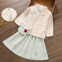 Girls Beautiful Hanfu Republic of China Dress Lady Ancient Wind Hundred Skirt 2021 Spring Children Cotton and Mat Dress Little Fairy