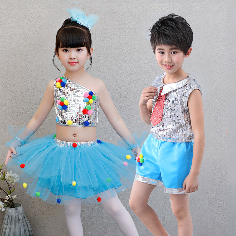 Children jazz dance dresses pink blue boys girls singers kindergarten school competition modern dance costumes