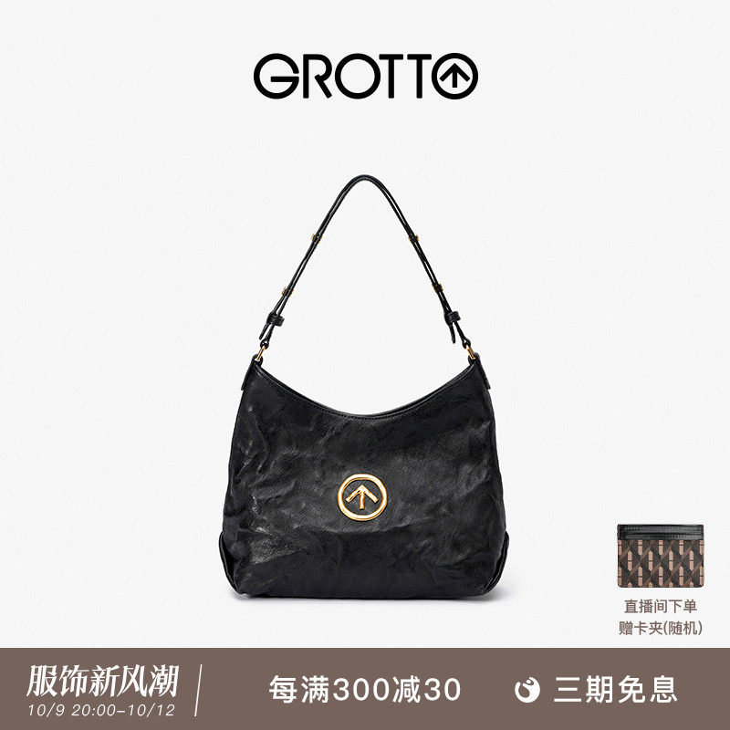 GROTTO LE BLACKSTONE HIOBO SMALL NUMBER FOLDS Tanned Goat Leather Commuter Single Shoulder Sloppy Satchel Soft Bag-Taobao
