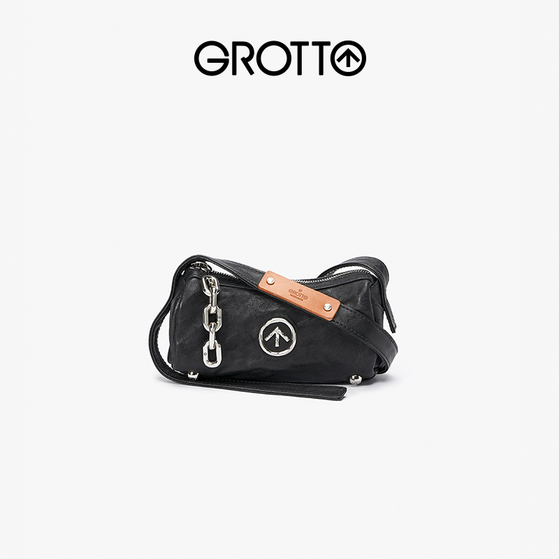 Grotto Unisex Black Stone Bag Mini Pleated Genuine Leather Shoulder Crossbody Bag Small Bag