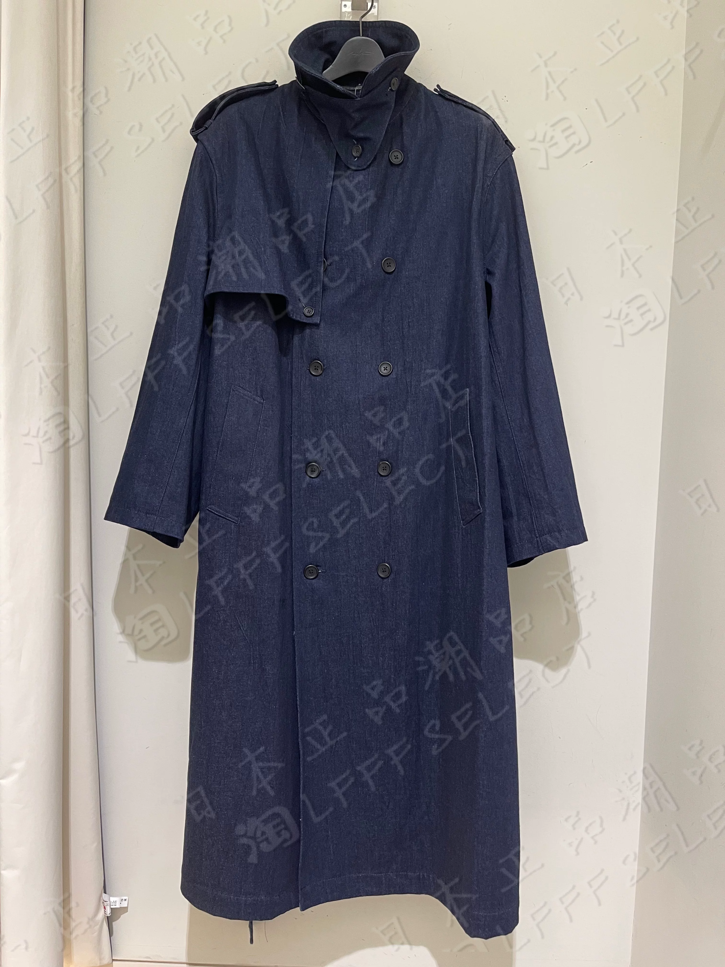 Япония закупки Ямамото Ямамото 23AW Look 23 джинсовая ткань плечевой раздел двойной — двубортный плащ