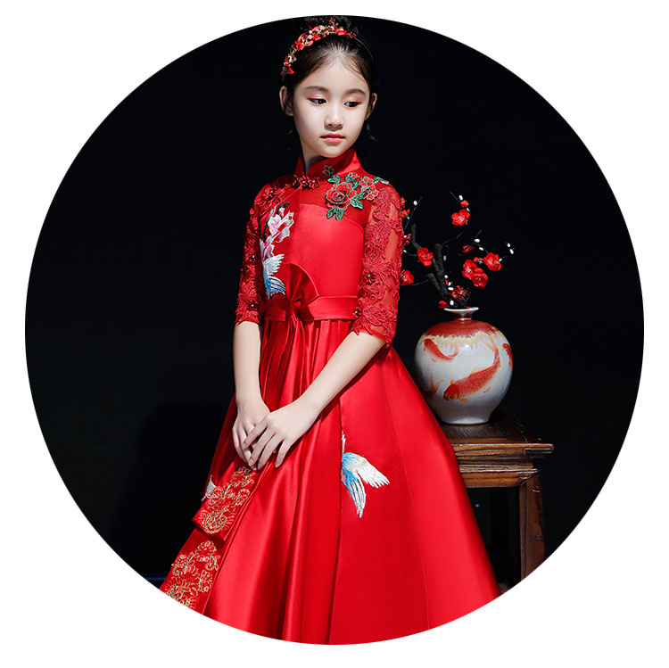 Váy trẻ em mới công chúa đầm đỏ dài Trung Quốc cô gái váy dạ hội mô hình trang phục catwalk phong cách Trung Quốc vest trẻ em