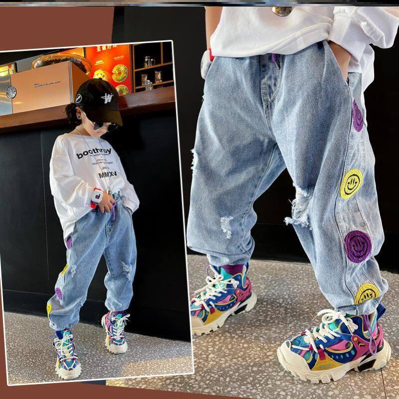 Spring and Autumn Boys Ripped Jeans Tide Summer Beggars Trousers Big Boys Girls Western Style Cool Hip Hop Street Dance Trend