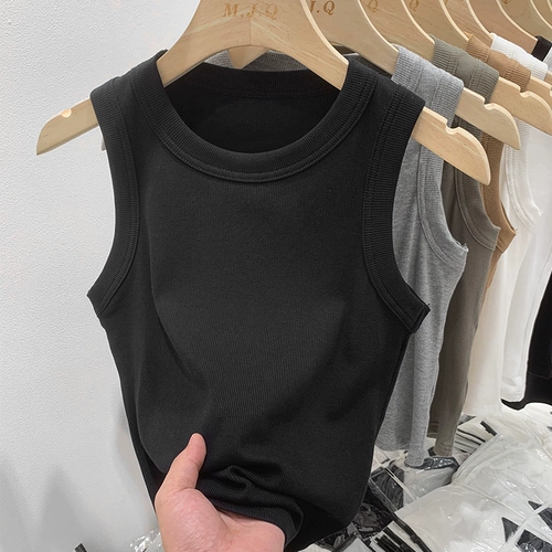 Черная летняя майка топ, короткая футболка без рукавов, круглый воротник