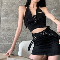 Джинсовый весенний сексуальный короткий топ с чашечками без рукавов, в обтяжку