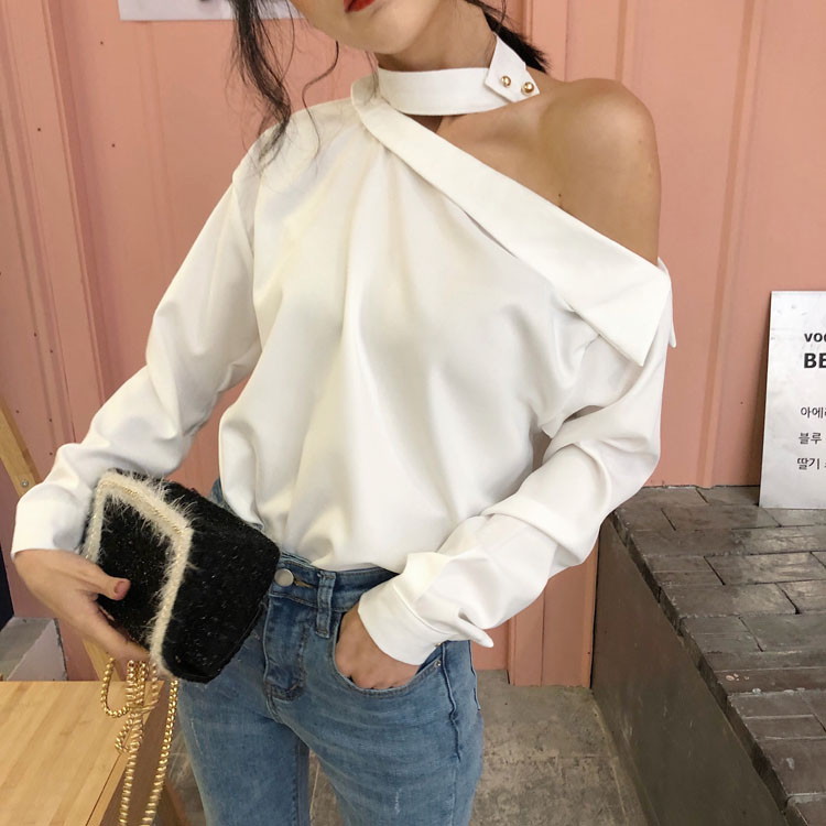 Hồng Kông hương vị retro chic nhỏ sexy từ cổ áo off-vai dài tay áo sơ mi trắng khí hoang dã đáy áo sơ mi nữ áo sơ mi trắng nữ công sở