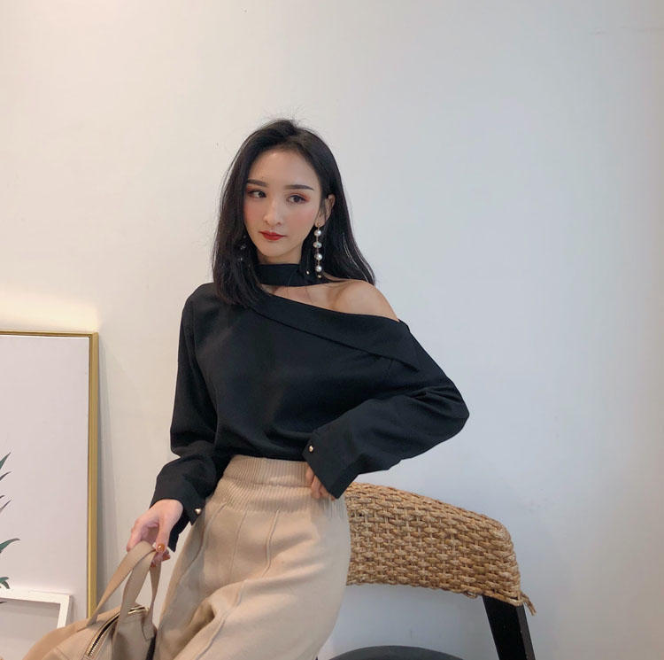 Hồng Kông hương vị retro chic nhỏ sexy từ cổ áo off-vai dài tay áo sơ mi trắng khí hoang dã đáy áo sơ mi nữ áo sơ mi trắng nữ công sở
