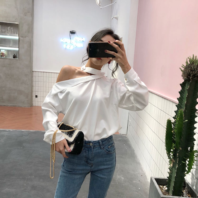Hồng Kông hương vị retro chic nhỏ sexy từ cổ áo off-vai dài tay áo sơ mi trắng khí hoang dã đáy áo sơ mi nữ áo sơ mi trắng nữ công sở