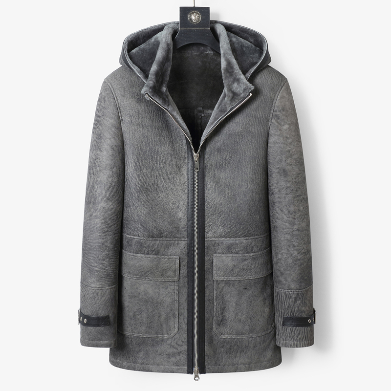Genuine Leather Jacket for Men, Made from Natural Sheepskin, Mid-Length, with Detachable Hood, Warm Coat
