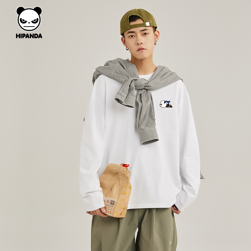 Hipanda Hello Panda Couple Long Sleeve T-Shirt 2026 Spring New Men's Loose Inner Layer Base Shirt Long T-Shirt