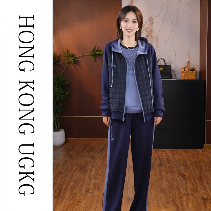Hong Kong Ugkg Blue Hooded Casual Three-Piece Set Slimming and Age-Reducing Autumn and Winter New Middle-Aged and Elderly Sportswear Suit for Women