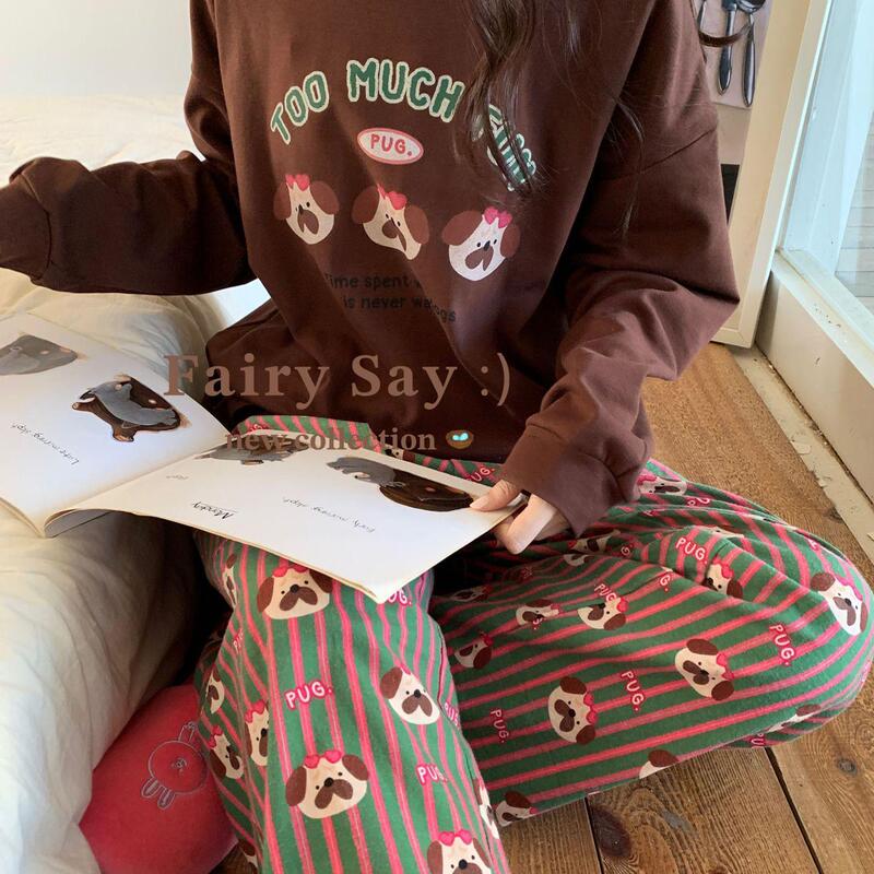 Korean Style ins Autumn and Winter Melard Brown Cartoon Pug Dog Loungewear Knitted Brushed Striped Pajama Set