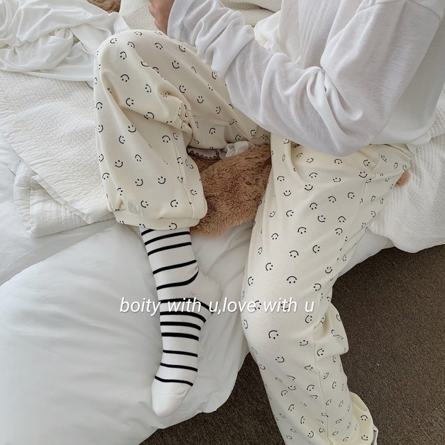 Autumn and winter Korean CHIC cute smile face casual pants brushed cotton pajamas loose ladies home pants can be worn ນອກ