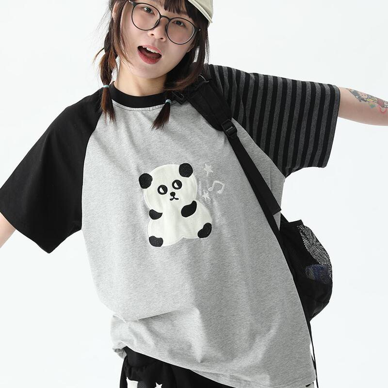 King of the Universe 2025 Original Panda Embroidery Asymmetrical Patchwork Black and Gray Raglan T-Shirt Short Sleeve