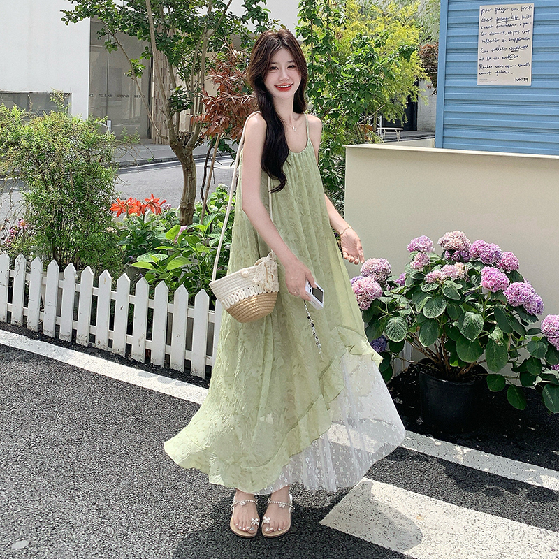 Green Floral Spaghetti Strap Dress for Women, Summer 2026 New French Style Seaside Vacation Chiffon Irregular Long Dress