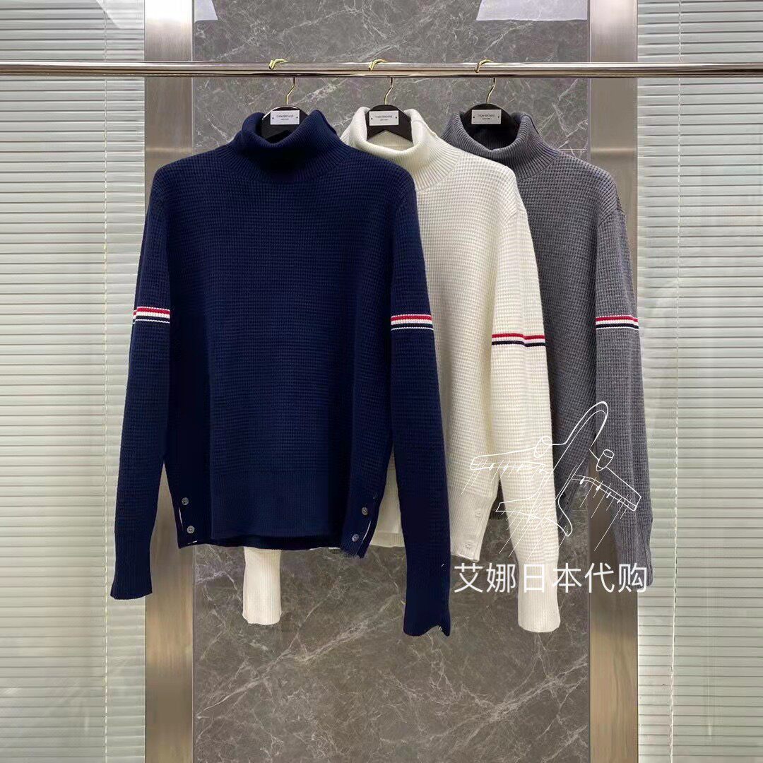Thom Browne21 autumn winter new TB double sleeve side webbing with high collar knit sweater for men and women