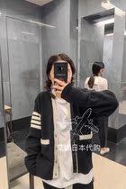 Aina Thom Browne21 autumn winter paragraph V collar four-bar knit cardiovert sweater male and female