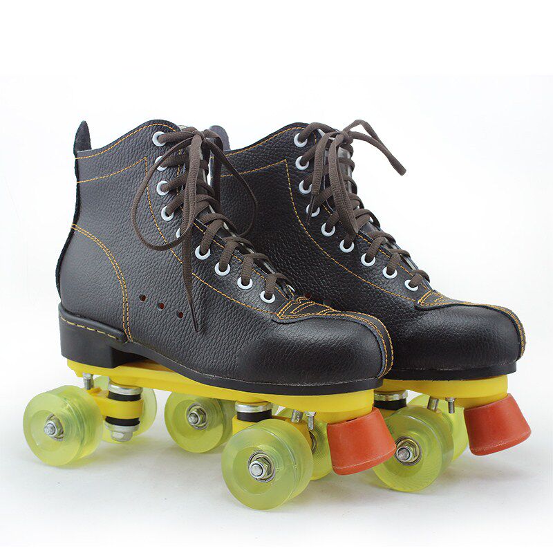 Genuine Leather Bull Leather Black Four-wheeled Double Rows Of Ice Skates Dry Skates Wheel Slide Male and female Children Adult Skates Pu Wear-proof