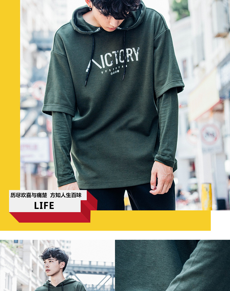 鸟 男 sweater Áo len trùm đầu mùa thu mới trùm đầu in chữ giả hai bộ đồ thể thao nam - Thể thao lông cừu / jumper sweater nữ