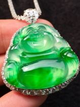 Natural ice seed Zhengyang green jade Buddha male pendant a goods 18K inlaid jade Buddha full green smiling Buddha Guanyin pendant