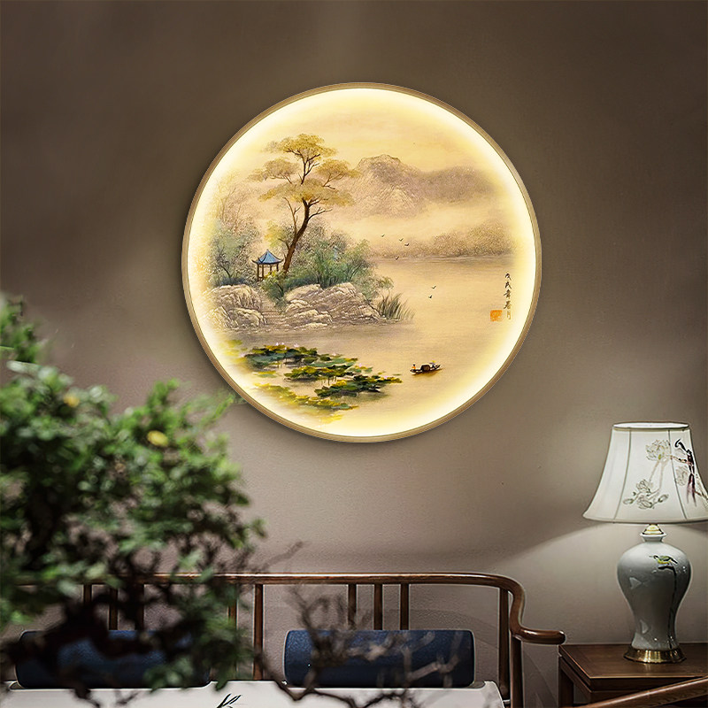 Pure Hand Painted New Chinese Round Oil Painting Light Extravagant Living Room Landscape Painting Fresco Decoration Painting into Gate Xuanguan scenery hang painting
