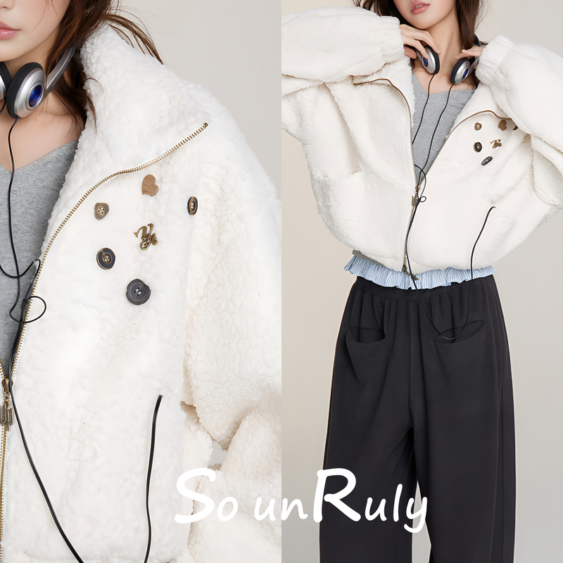 American Retro Teddy Bear Fur Button-Decorated Short Jacket for Women, Autumn and Winter Fleece Warm Jacket, Trendy