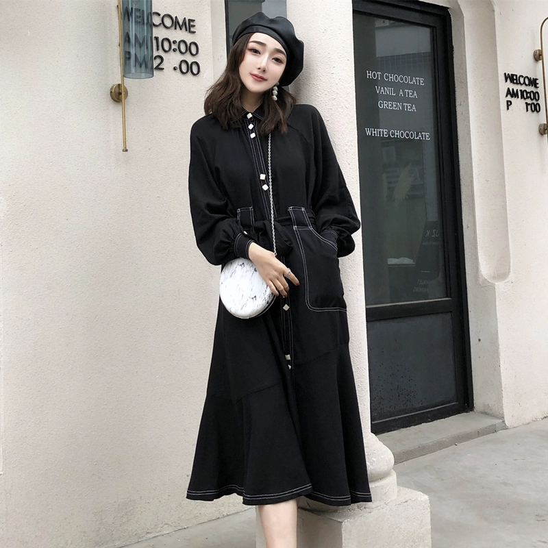 Mùa xuân mới 2019 váy áo sơ mi cổ điển cạp cao với eo váy dài giữa màu đen của phụ nữ ANNA nhà - Váy eo cao