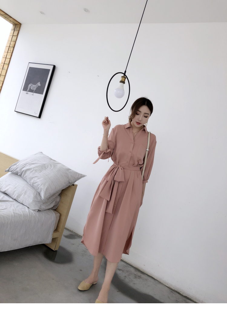 Mùa hè 2018 mới khí cổ áo sơ mi bảy điểm tay áo đầm cao eo nữ màu trắng - Váy eo cao đầm sơ mi trắng that eo