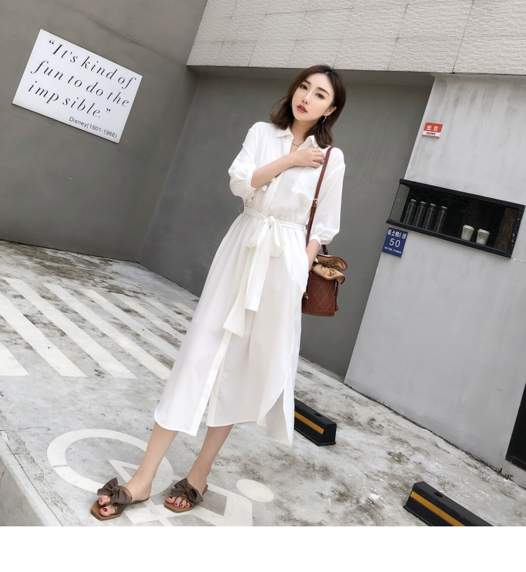 Mùa hè 2018 mới khí cổ áo sơ mi bảy điểm tay áo đầm cao eo nữ màu trắng - Váy eo cao đầm sơ mi trắng that eo