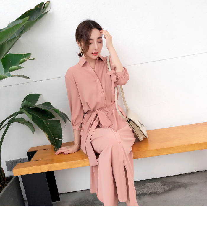 Mùa hè 2018 mới khí cổ áo sơ mi bảy điểm tay áo đầm cao eo nữ màu trắng - Váy eo cao đầm sơ mi trắng that eo