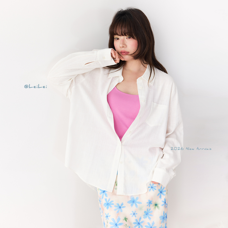 Leilei [100% Comfort] Loose-Fitting Solid Color Linen Shirt with Chest Pocket and Lapel