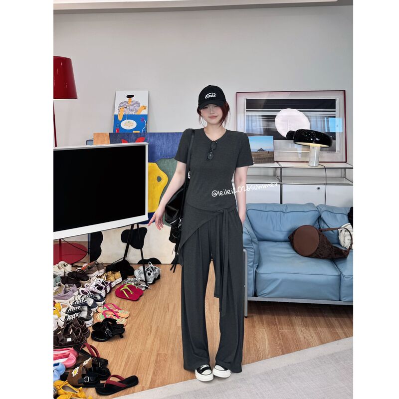 Leilei [Casual Style] Simple Solid Color Round Neck Short-Sleeved Top + Tie-Up Skirt + Slimming High-Waisted Casual Pants