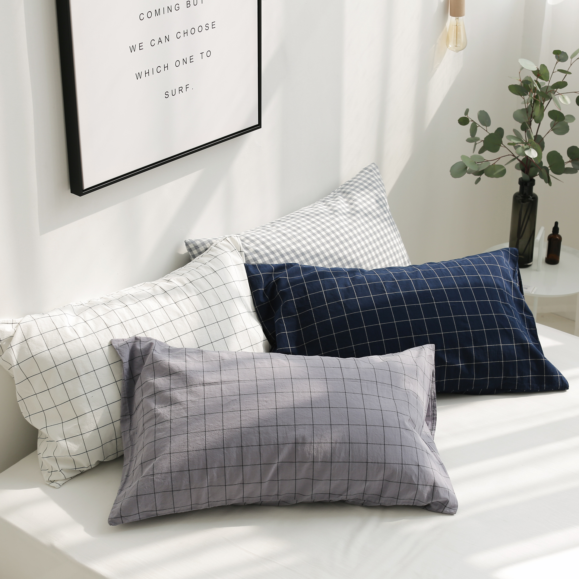 Washed cotton adult pure cotton sleeping room Single pillowcase Ins full cotton pillowcase pure color plaid 48 * 74cm One dress