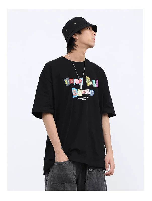 Đầm cotton châu Âu và Mỹ rộng rãi xu hướng OVERSIZE phông chữ không đều tay áo ngắn đường phố hip-hop nam và nữ xu hướng áo thun - Áo phông ngắn