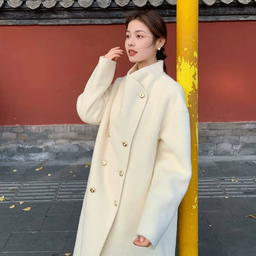 Белое двусторонное кашемировое длинное зимнее шерстяное шерстяное пальто, средней длины, изысканный стиль