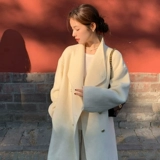 Белое двусторонное кашемировое длинное зимнее шерстяное шерстяное пальто, средней длины, изысканный стиль