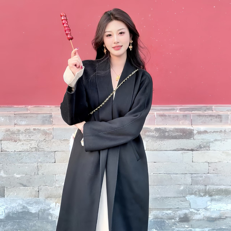 Black Double-Sided Wool Cashmere Coat for Women 2026 Autumn and Winter New Style Large Lapel Lazy Mid-Length Wool Coat Black Double-Sided Wool Cashmere Coat for Women 2026 Autumn and Winter New Style Large Lapel Lazy Mid-Length Wool Coat