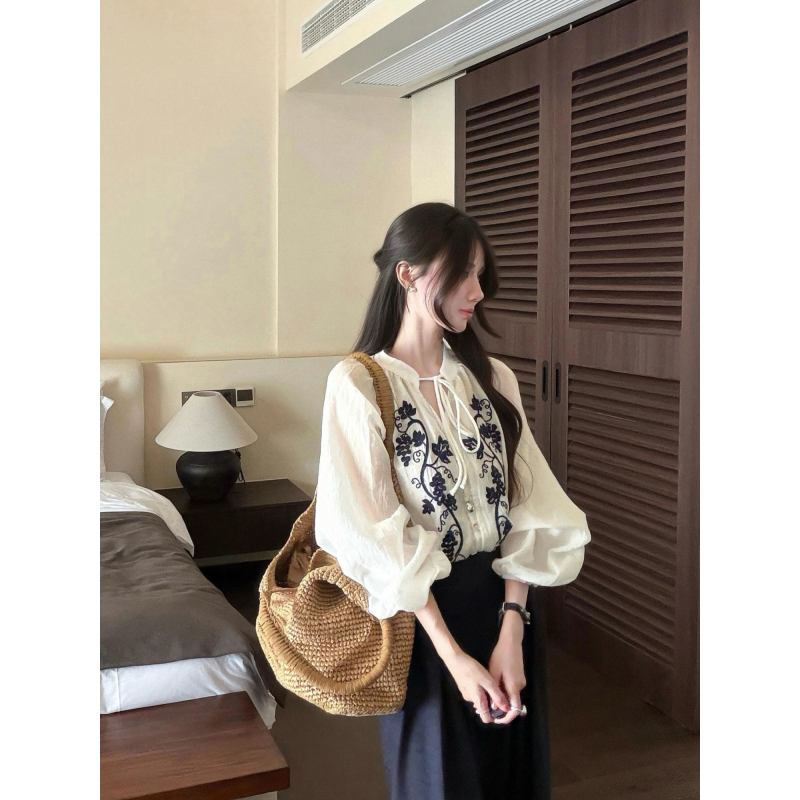 Tootoo Bohemian Style Heavy Embroidery Shirt for Women with Tie-Up Lantern Sleeves, Loose Fit, Slimming Vacation Style Top