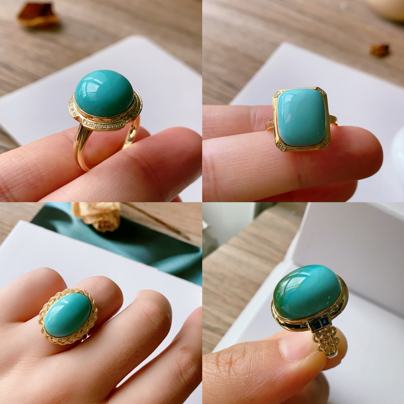 Natural Hubei Raw Turquoise Cabochon Ring, High-Quality Porcelain-Like Material, Top-Grade Porcelain Trumpet Mountain Material, 18K Gold Inlay Fj Natural Hubei Raw Turquoise Cabochon Ring, High-Quality Porcelain-Like Material, Top-Grade Porcelain Trumpet Mountain Material, 18K Gold Inlay Fj