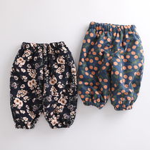 Girls autumn and winter trousers baby polished cotton pants loose big pp pants boy Joker floral plus velvet bloomers