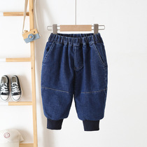 Boy padded trousers baby plus velvet loose casual pants soft denim handsome big pp pants 2021 new foreign style