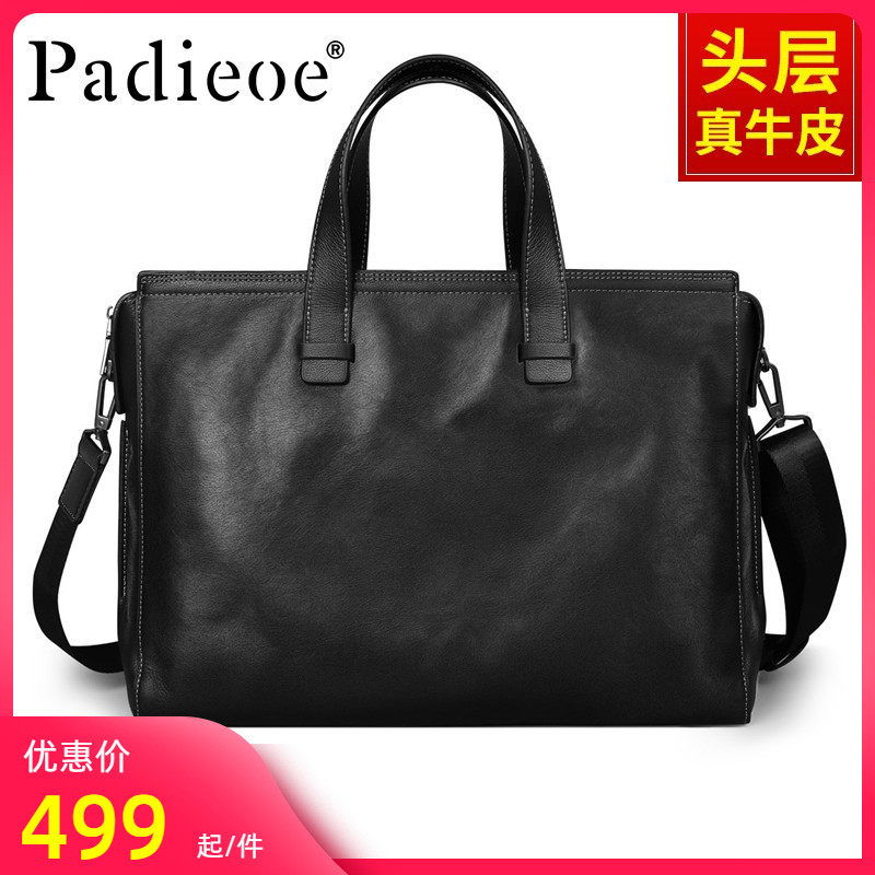 PADIEOE men's briefcase genuine leather handbag men's bag single shoulder skewed satchel head layer cow leather business computer bag
