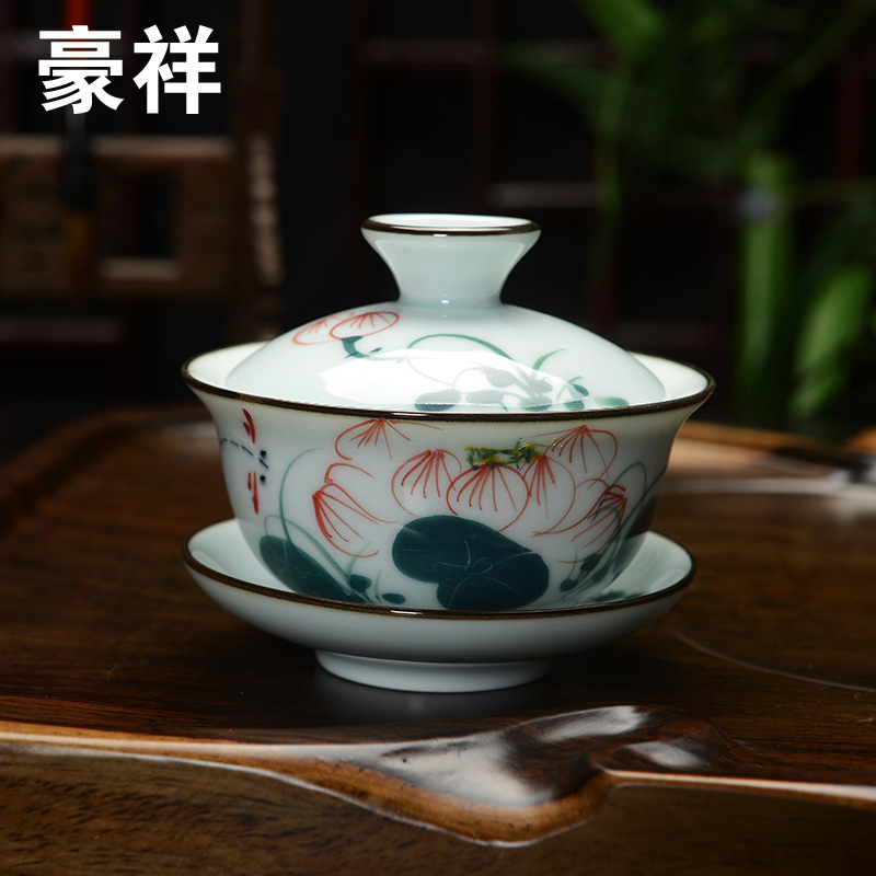 Howe auspicious ceramics tureen bowl three bowl of blue and white only hand - made celadon kung fu tea tea cups