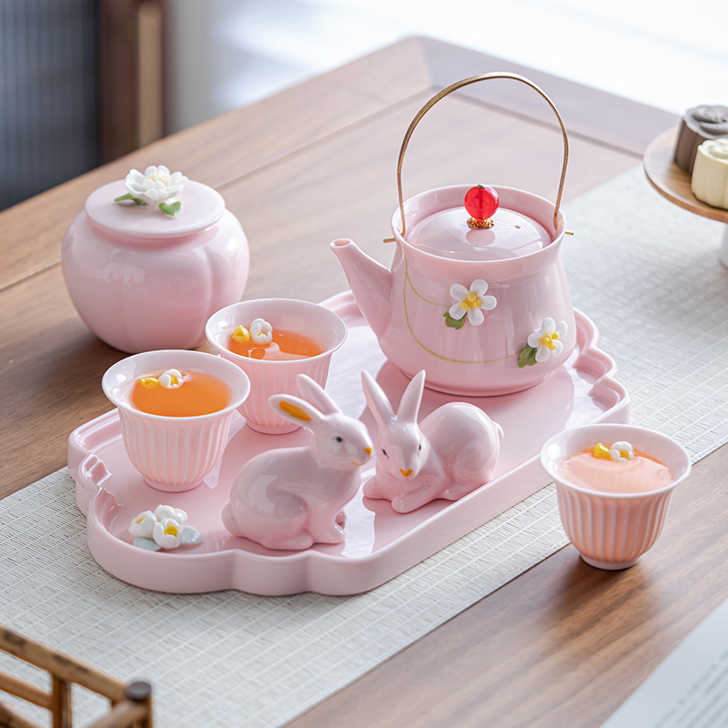 Handcrafted Flower-Patterned Kung Fu Tea Set, Chinese-Style Ceramic Teapot, Gaiwan, Teacup, Tea Tray, Light Luxury, High-End, for Home Use