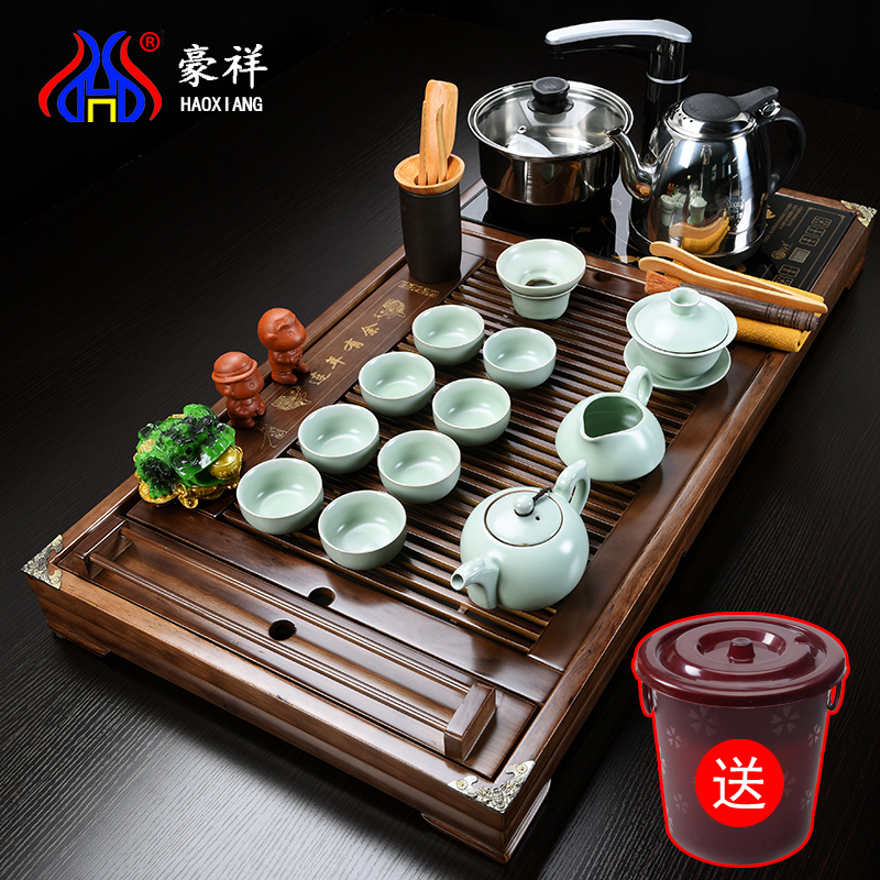 Howe auspicious tea set home violet arenaceous kung fu tea set ceramic cups electric magnetic furnace contracted tea table solid wood tea tray