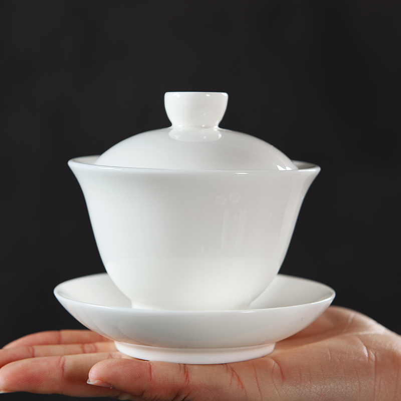 Howe auspicious white porcelain tureen kung fu tea set three cups to bowl of tea tureen large dehua biscuit firing Chinese style